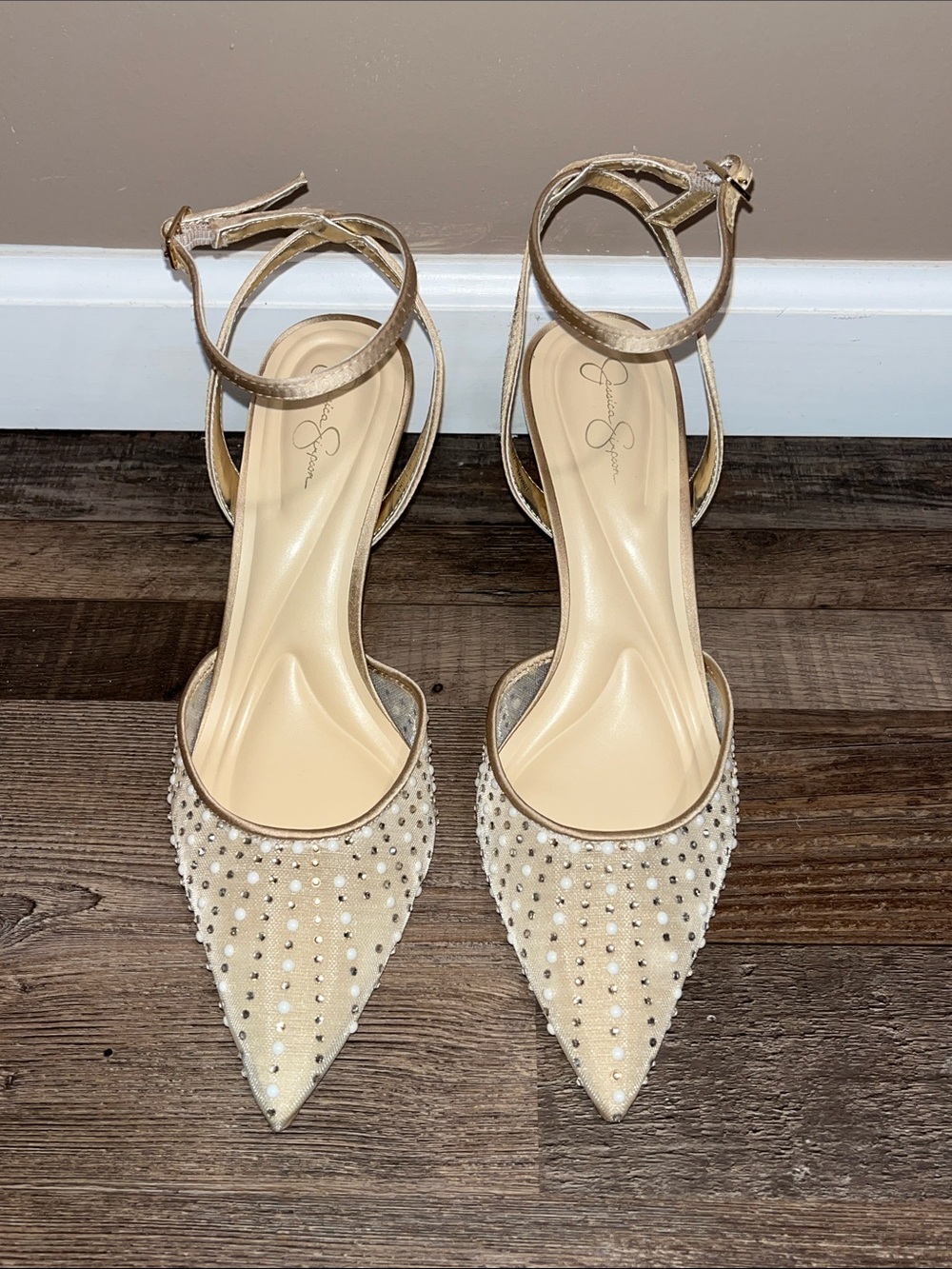 JESSICA SIMPSON - Champagne Pointed Toe Ankle Strap Heels - Size 10